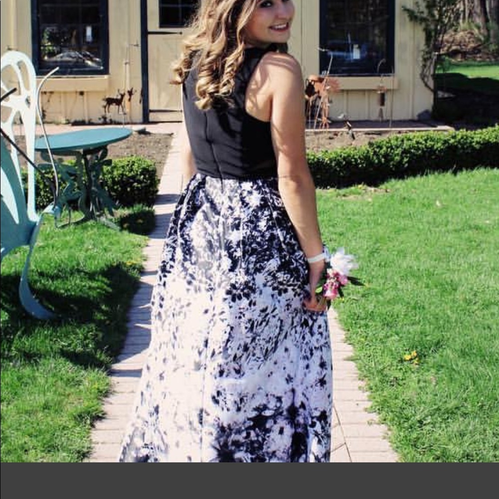 Black and white floral prom dress